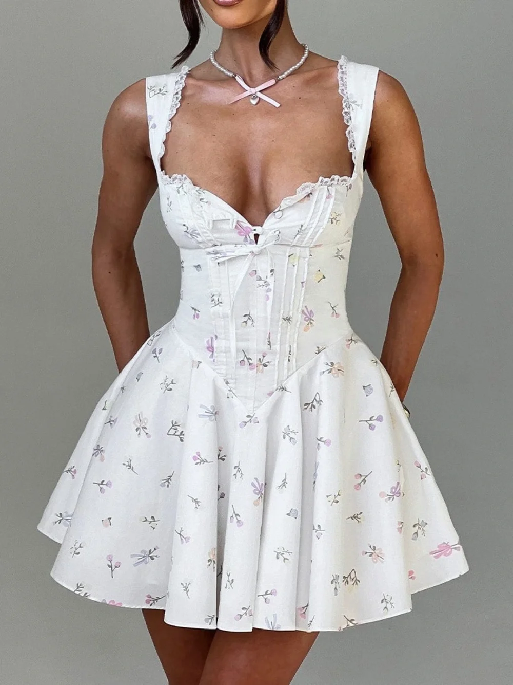 White Floral Lace-Trim Mini Dress - Picture 5 of 5